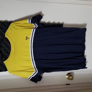 Guess Embroidered Small Logo Stripe Crewneck T Shirt Navy Blue And Yellow